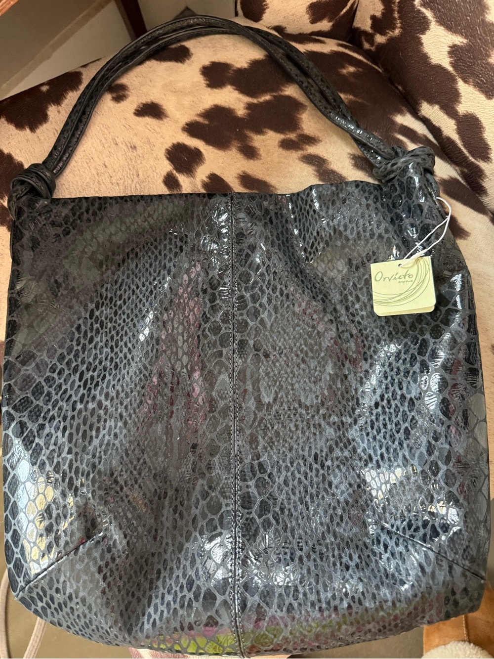 Orvieto Black Snake-Embossed Hobo Bag